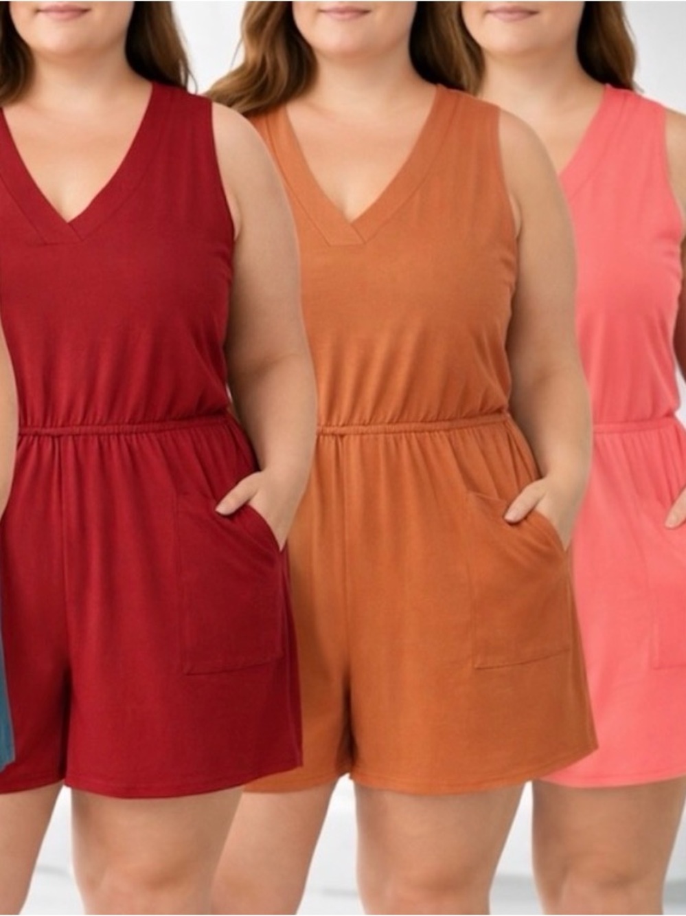Zenana 3-Pack V-Neck Rompers in Rose, Coral & Brown